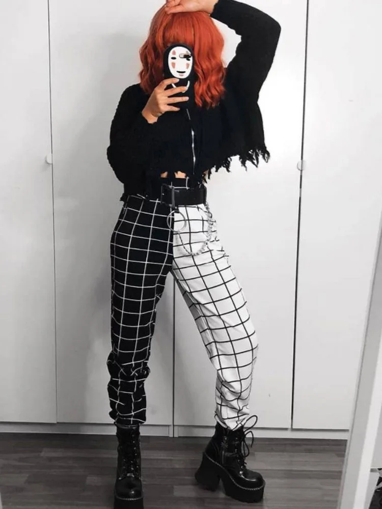 

Contrast Cargo Pant For Women Loose Hight Waist Plaid Jogging Trousers Sporty Pants Elasticity Sportpants 2023 Summer