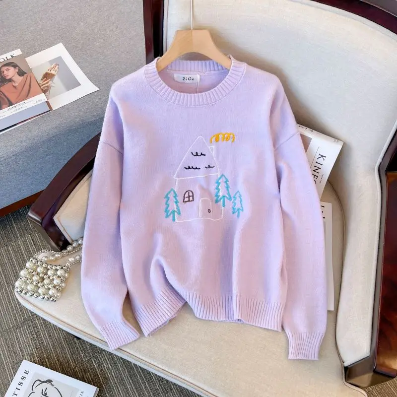 

2023 Color-blocked Korean Thick Knit Sweater Pullover Women Autumn Winter Long Sleeve O-neck Stylish Fashion Loose Knitwear Tops