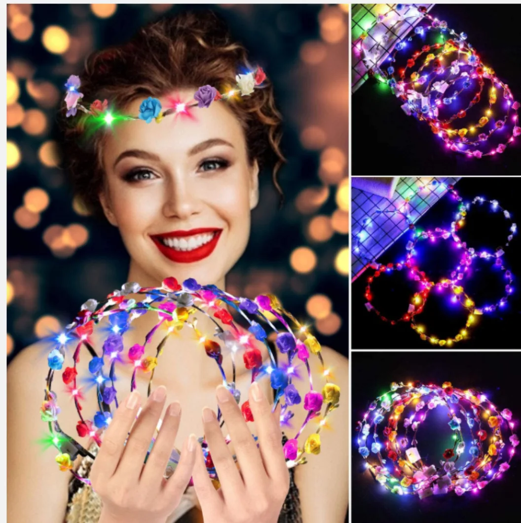 

8/12/24pcs Flower Wreath Luminous 10-LED Headpiece Garland Crown Flower Headband Glowing Wreath For Wedding Party Garlands