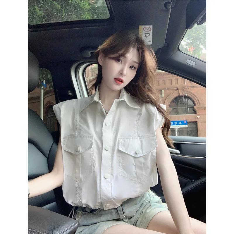 

Женские летние топы без рукавов с V-образным вырезом, Однотонная футболка, повседневные майки, свободная блузка на пуговицах, женские рубашки без рукавов