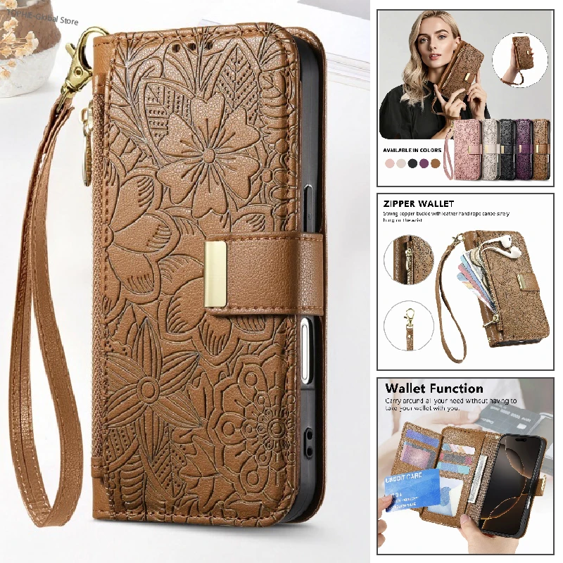 Magnetic Leather Zip Wallet Phone Case with Lanyard