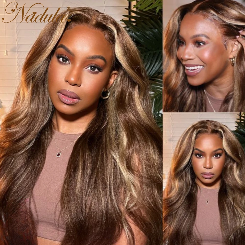 Nadula Kinky Straight Hair Highlight Brown TL412 Honey Blond Ombre Color 13x4 Lace Front Wig 13X1 T Part Wig