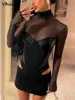 Vhiuat Sexy Cut Out Mesh Patchwork Turtleneck Long Sleeve Wrap Short Dress 2024 Party Evening Elegant Party Birthday Mini Dress 2