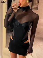 Vhiuat Sexy Cut Out Mesh Patchwork Turtleneck Long Sleeve Wrap Short Dress 2024 Party Evening Elegant Party Birthday Mini Dress 2