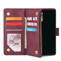 Luxury Leather Magnetic Zipper Wallet Case with Retro Flip Card Stand and Mobile Cover for Honor 30Pro Plus (Red Wine)