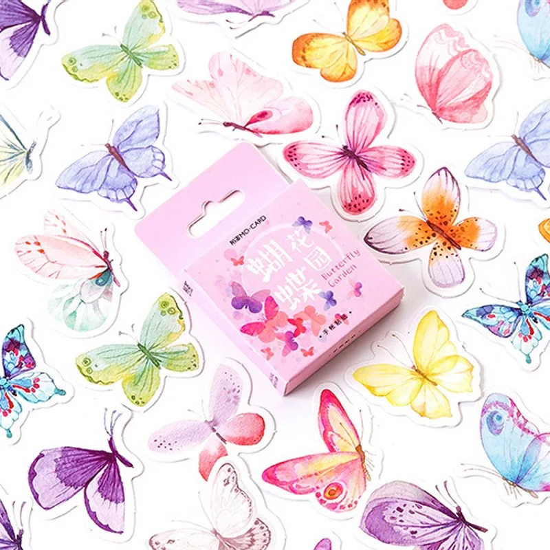 

46pcs Butterfly garden Mini box sticker pink scrapbooking DIY Cartoon scrapbook decoration 4*4 CM