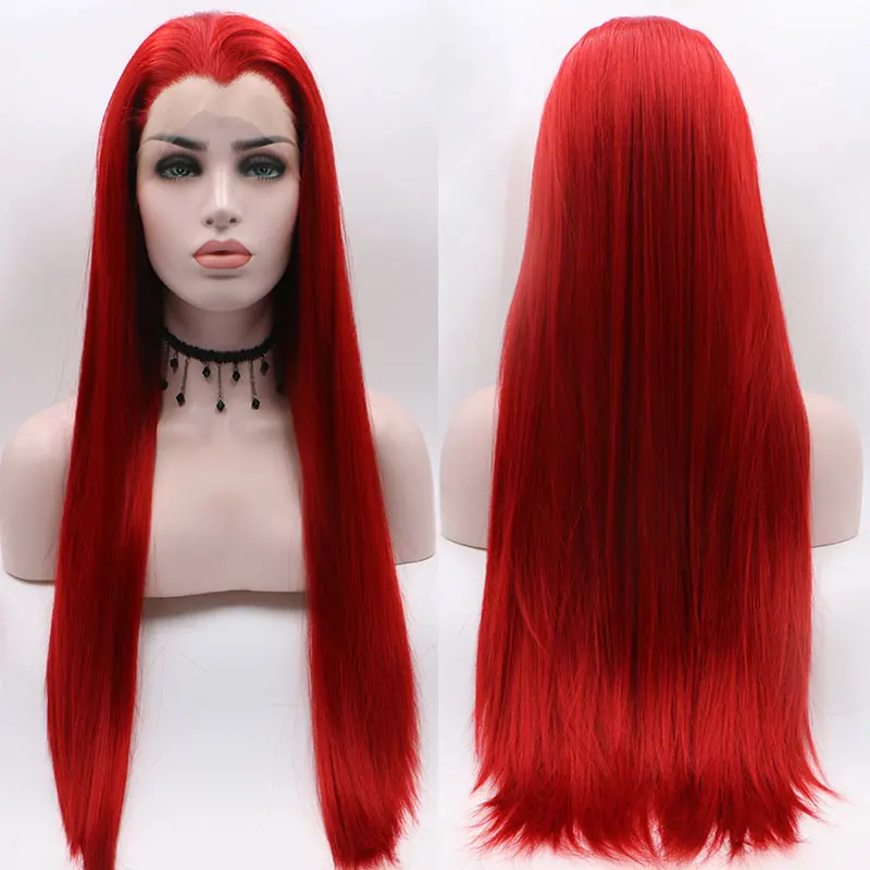 

Bombshell Fire Red Color Straight Synthetic Lace Front Wig Pre Plucked Hairline High Quality Heat Resistant Fiber Hair For Women