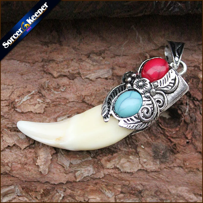 Punk Fashion Brave Men Jewelry SilverColor Tone Natural Stone Inlaid Cream Tribal Design Wolf Tooth Charm Pendant Necklace LY916 silver chain necklace fang tooth necklace natural stone necklace