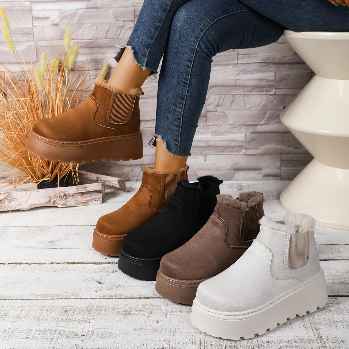 British Style Solid Color Platform Snow Boots Women Winter Soft Short Plush Warm Ankle Boots Woman Faux Suede Booties Female