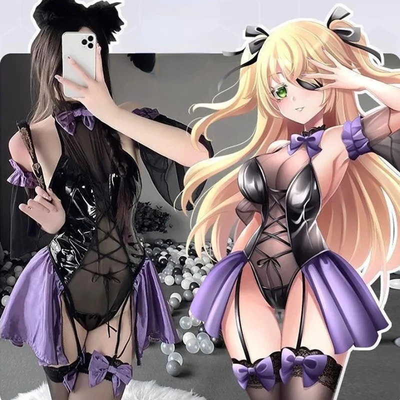 Genshin Impact Fischl Cosplay Sexy Maid Dress Nightwear Lolita Girls Backless Halter Latex Leather Bodysuit Lingerie Set