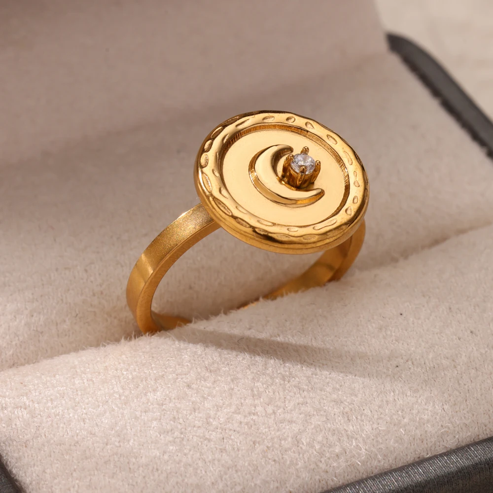 Zircon Roud Moon Rings Gold Color Stainless Steel
