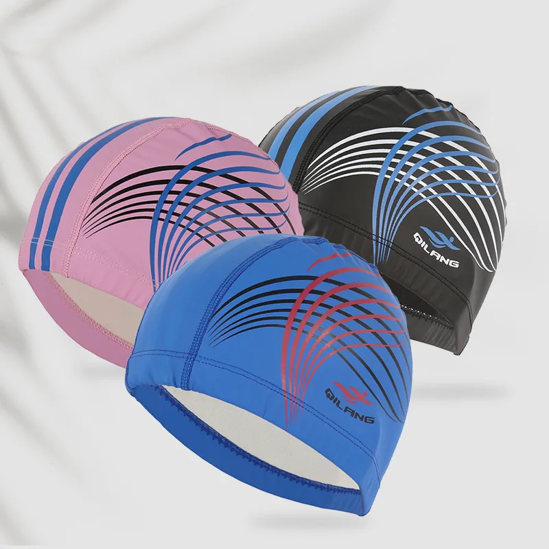 

Adult Swim Cap Fashion Printed Ear Protection Without Cut Head Long Hair PU Cap for Men and Women Training Swimming Cap
