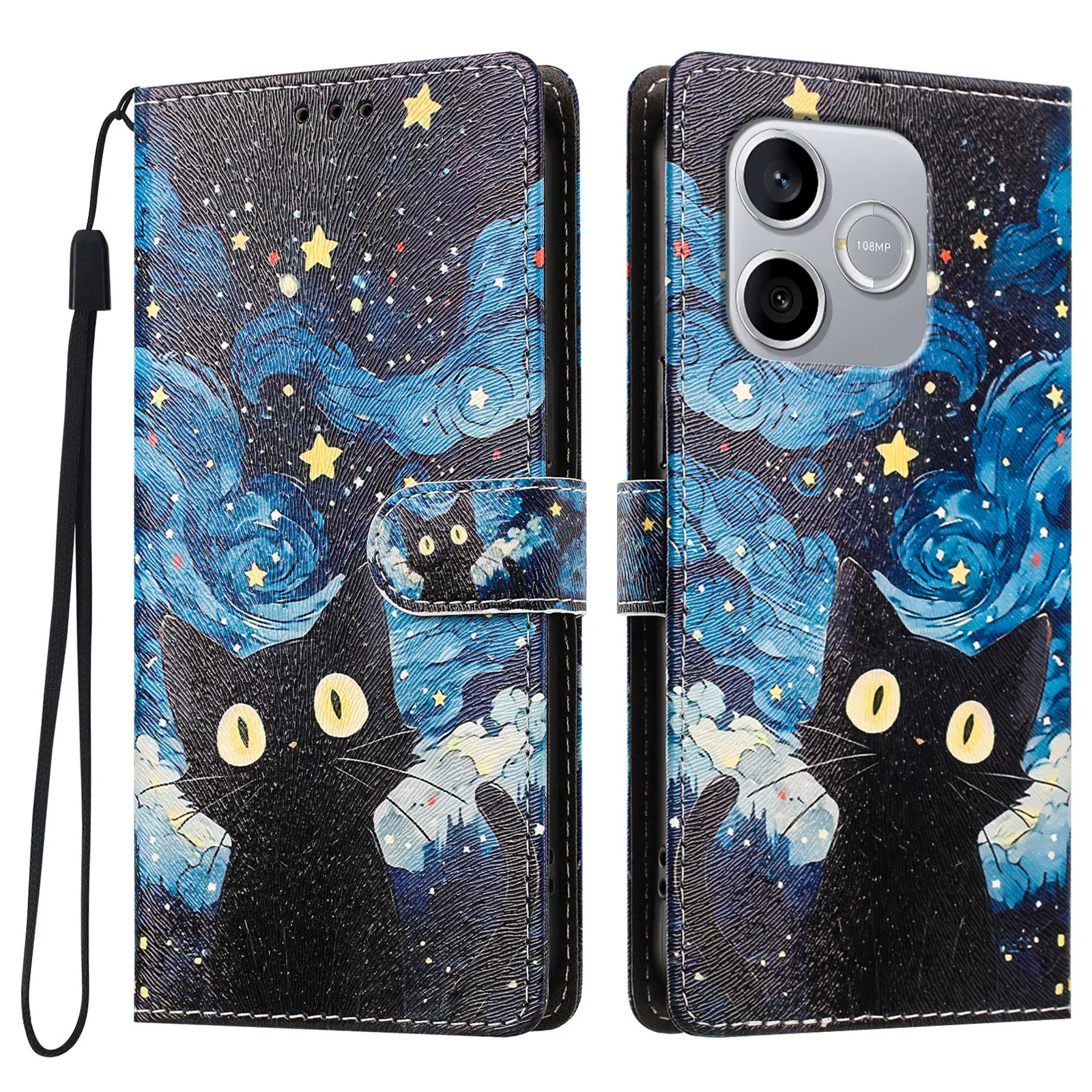 Patterned Leather Phone Case with Wallet Holder and Cat Design Flip Cover
