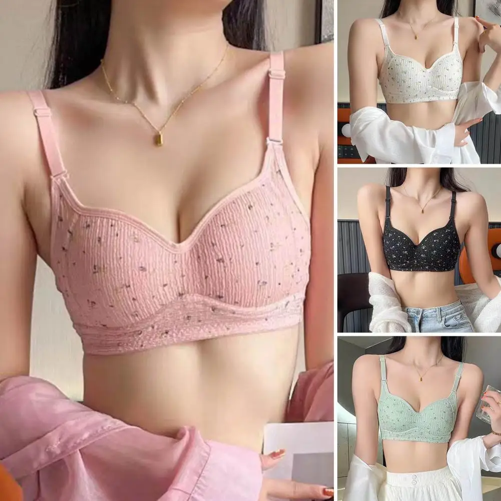 Wire-free Bra Flower Print Adjustable Shoulder Straps Push Up Bra for Women Soft Breathable Padded Wireless Lady Bra for Student 2021 new women sexy flower lace bra gathering unrimmed triangle cup halter underwear thin push up bra lady bra