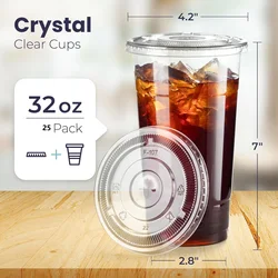 Large 32oz Clear Plastic Cups with Flat Lids and Straws - BPA Free Premium Crystal for Smoothies, Lemonade, and Milkshakes (No Straws)