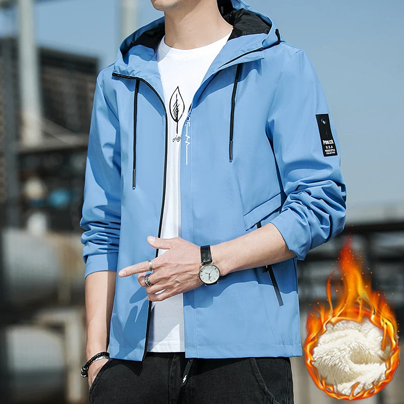 Autumn and Winter Thick Jackets Men's Hooded Casual Solid Color Long Sleeved Bright Line Decoration Zipper Pockets Cardigan Coat