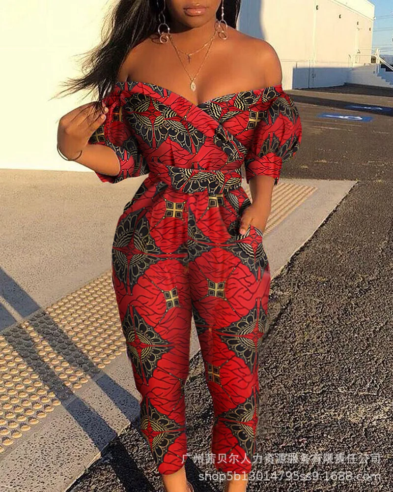 

Off Shoulder Jumpsuits Women Print Floral One Piece Straight Long Pants Overalls Elegant Casual Loose Rompers Tight High Waist