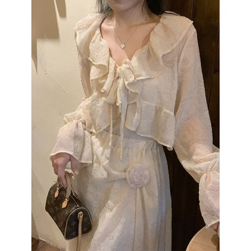 Flared Long Sleeve Shirt Women Blouses Ruffle Edge Y2k Clothing Crop Tops Streetwear Cardigans Vintage Sunwear Tops Mujer New
