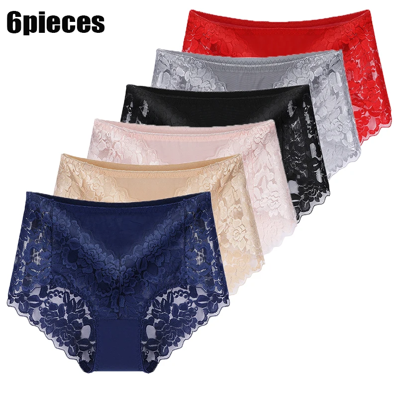 

6 Pcs sexy panties, lace women's underwear, transparent briefs, comfortable, breathable, stretchy Lingerie, soft plus size