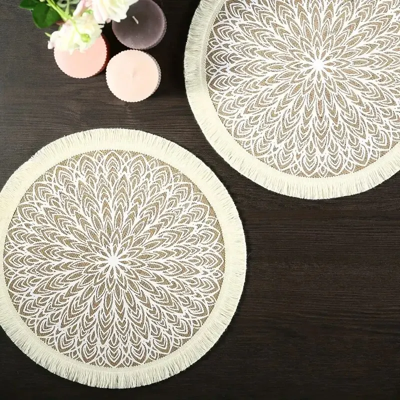 Elegant Jute Fabric Dining Mat with Modern Geometric Pattern and Tassel Edge