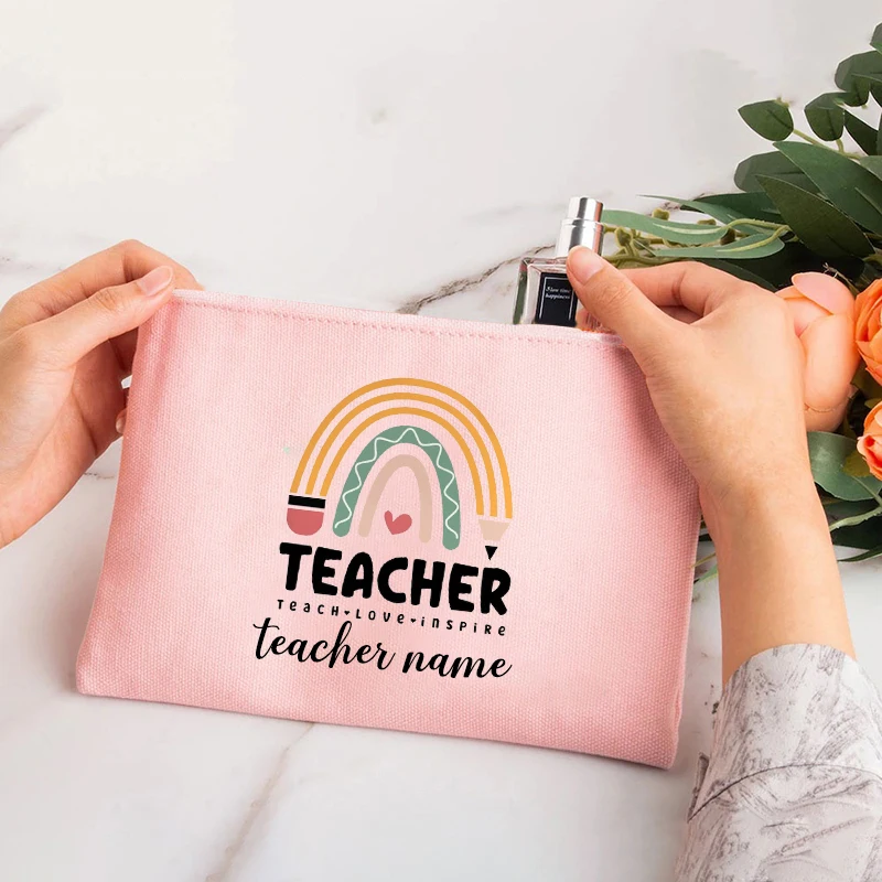 Rainbow Teacher Printing Pencil Box Custom Name Stationery Supplies Storage Bags Travel Washing Luxury Bag Makeup Bag Gift