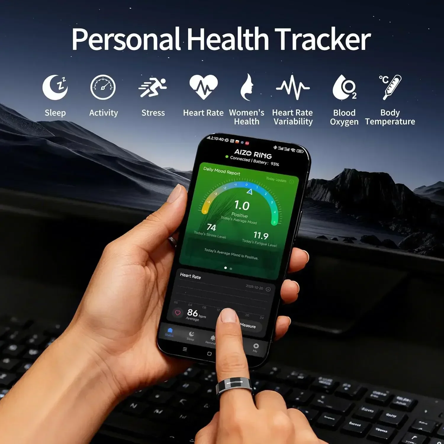 Ceramic Smart Ring with Vibration Alerts for Calls & Notification & Alarm, Smart Touch Control Health Monitor Smart Ring for Men - 5