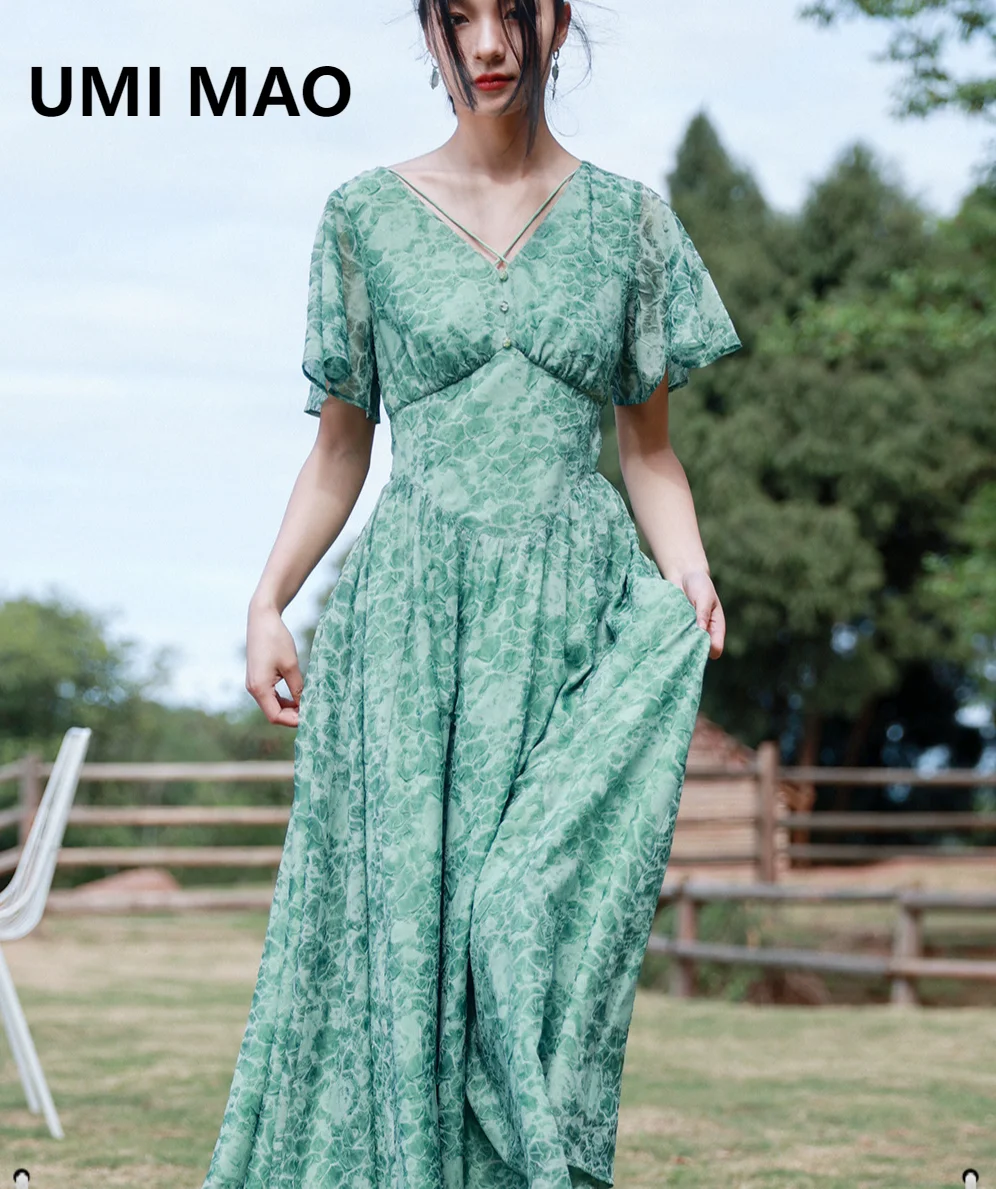 

UMI MAO Chinese Style Dress Elegant Is A Niche Design V-neck Dresses In Summer Senior Gentle Romantic Chiffon Skirt With Waist