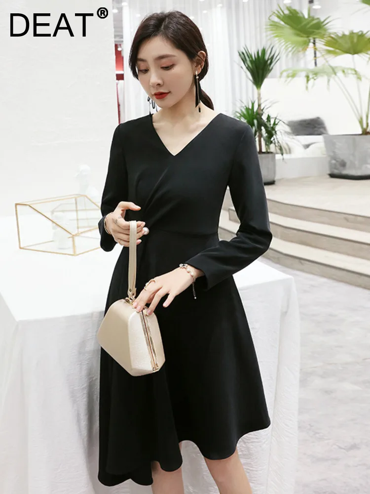 

DEAT Women Fashion Evening Dress V-neck Long Sleeve Waist Irregular Solid Color Elegant Party Dresses Autumn 2023 New 13DB4340