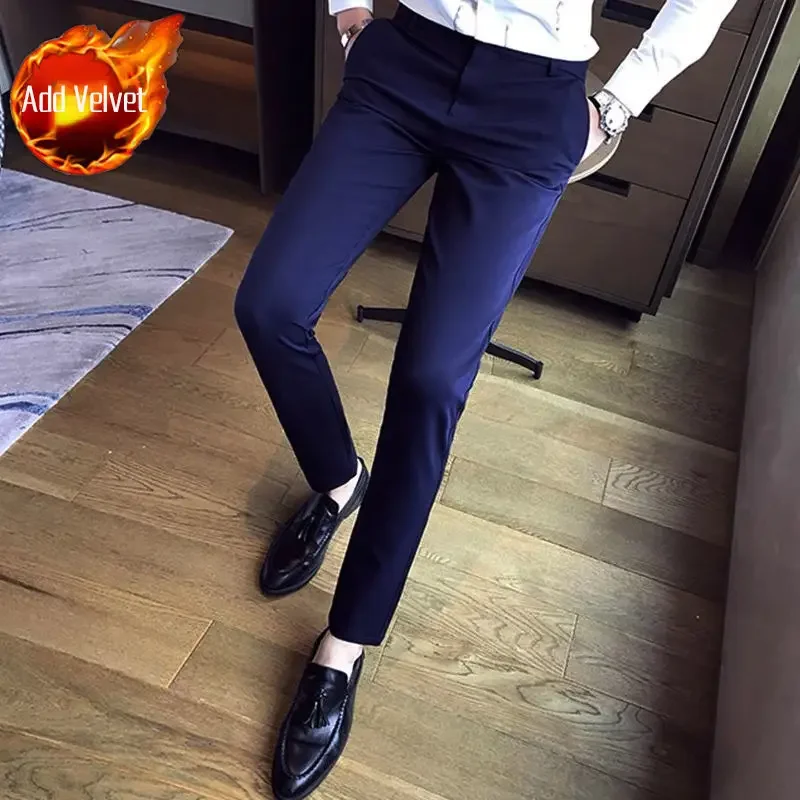 thumbnail image 1 of Pantalones de traje elásticos para hombre, de negocios, con trenzas, 9 pantalones de verano para hombre, de corte ajustado y drapeado, de sastrería social, 1 of 5