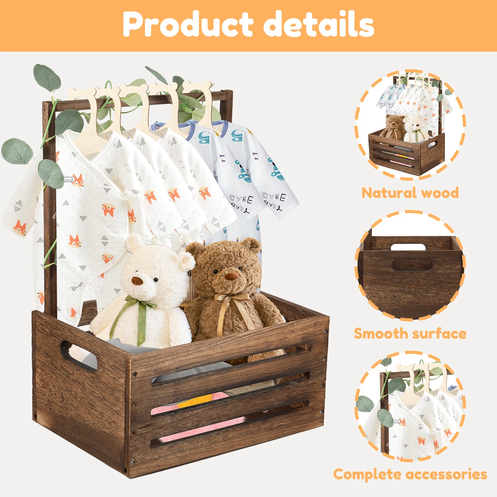Wood Baby Shower Storage Basket Baby Toys Storage Crate with Handle Decorat Multipurpose Gift Basket for Boys Girls New Parents 2