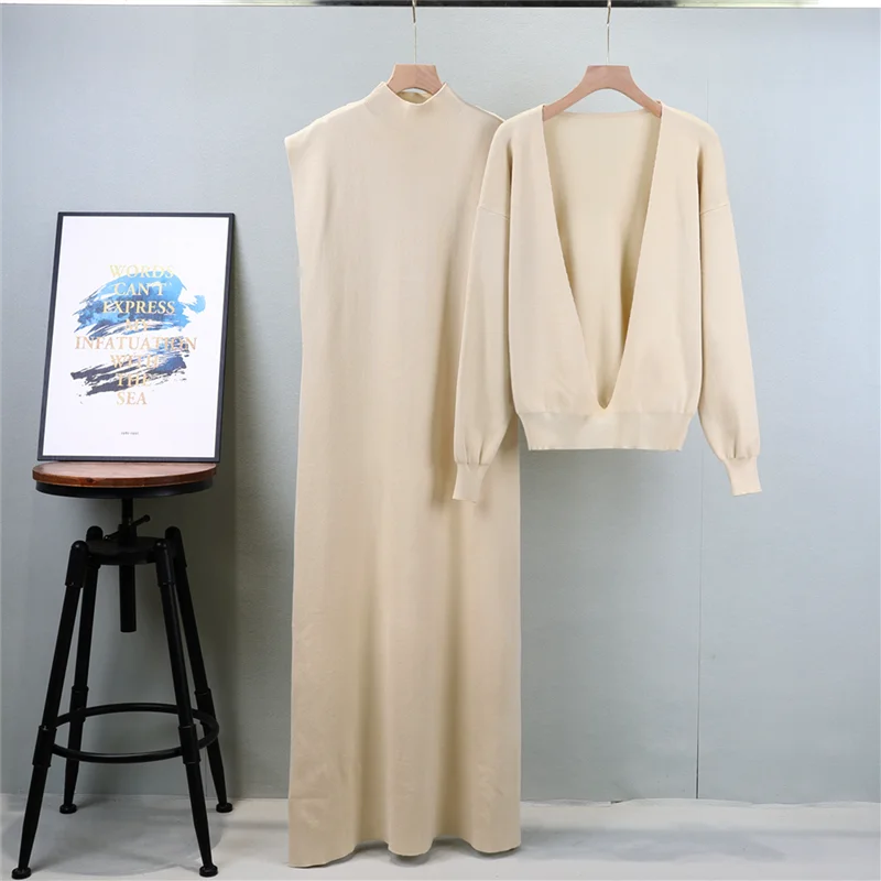 2024 New Fashionable Knitted Sweater Dress Set For Women Autumn Winter Stylish Sleeveless Long Sweater Dress Tops Two-piece Se 5