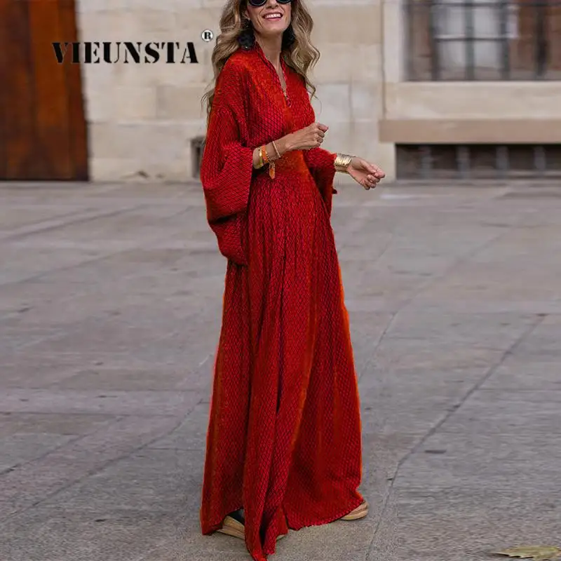 

Autumn Chic V-Neck Grid Printed Boho Dress Women Slim Flare Sleeve High Waist Long Dresses Lady Elegant Fashion Maxi Party Dress