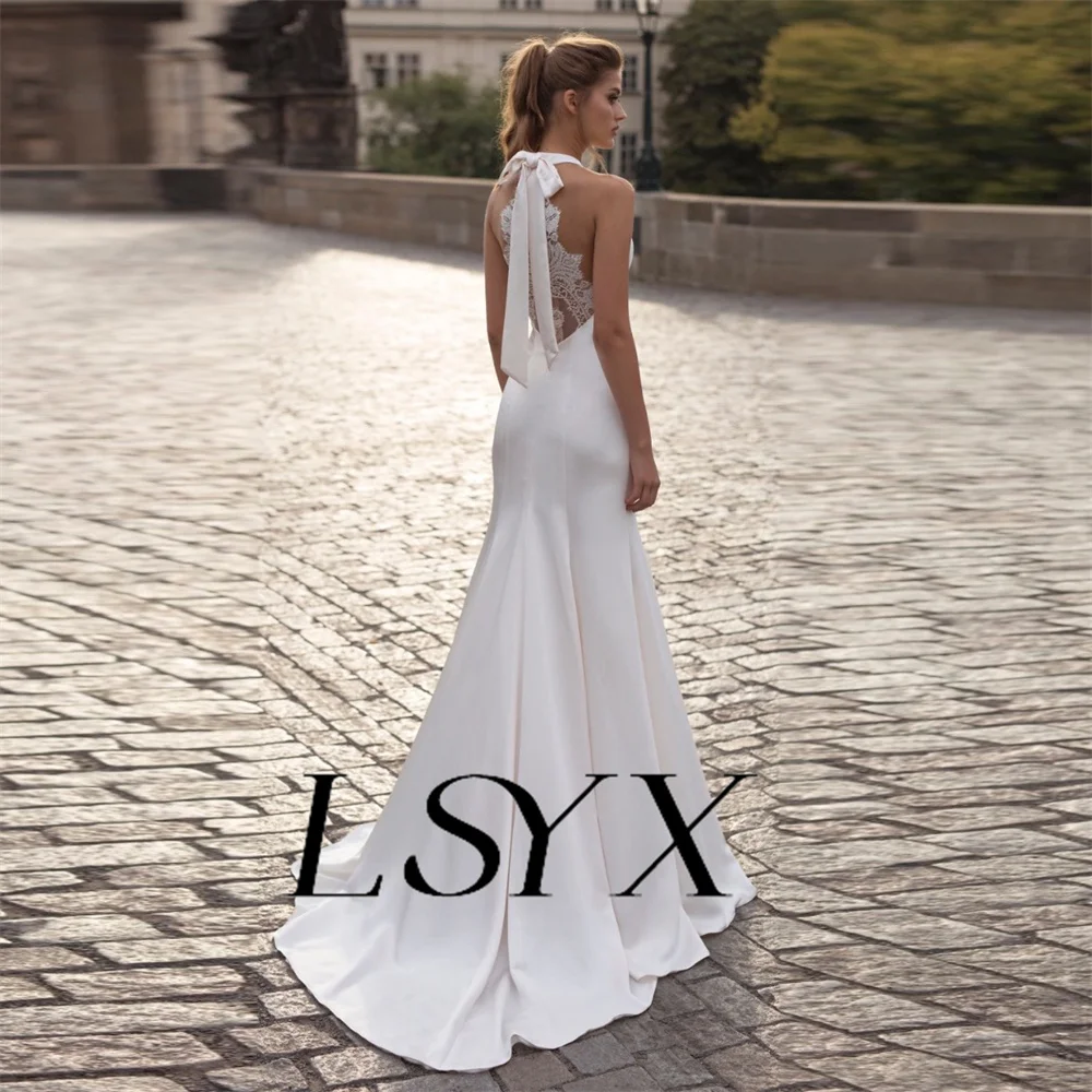 LSYX Halter Sleeveless Crepe Lace Elegant Mermaid Wedding Dress Simple Lace Back Floor Length Bridal Gown Custom Made