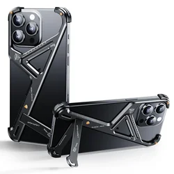 Sleek Aluminum Alloy Frameless Phone Case with Stand - Shockproof Protective Cover - iPhone 15 Plus (Black)