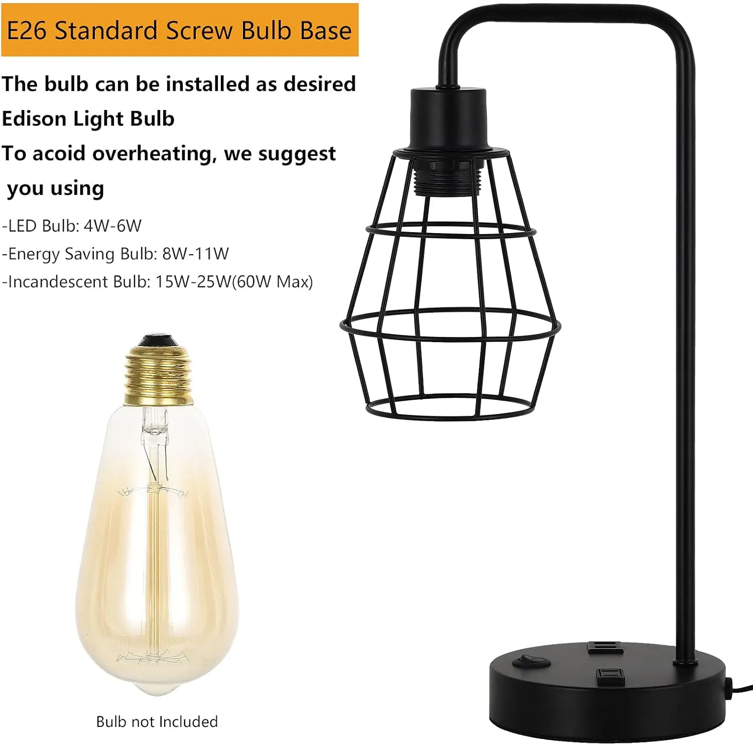 Edison 2-piece bedside table reading desk lamp with dual USB charging ports and sockets 4