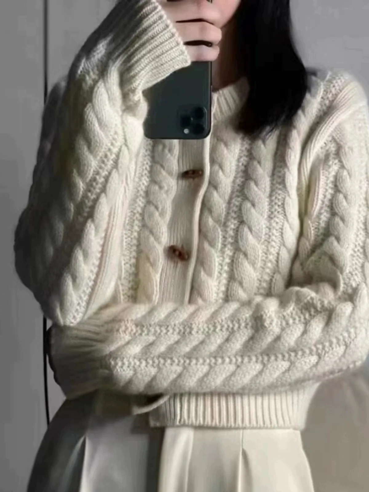 여성용 유럽 뿔 버클 트위스트 캐시미어 카디건 스웨터, 하이웨이스트 두꺼운 모..