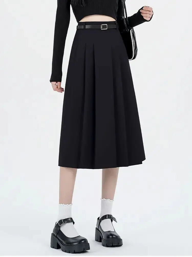 Mid-Length Skirt Preppy Style High Waist Solid Color Pleated Skirt Elegant Korean Fashion Versatile A-Line Skirt New Style