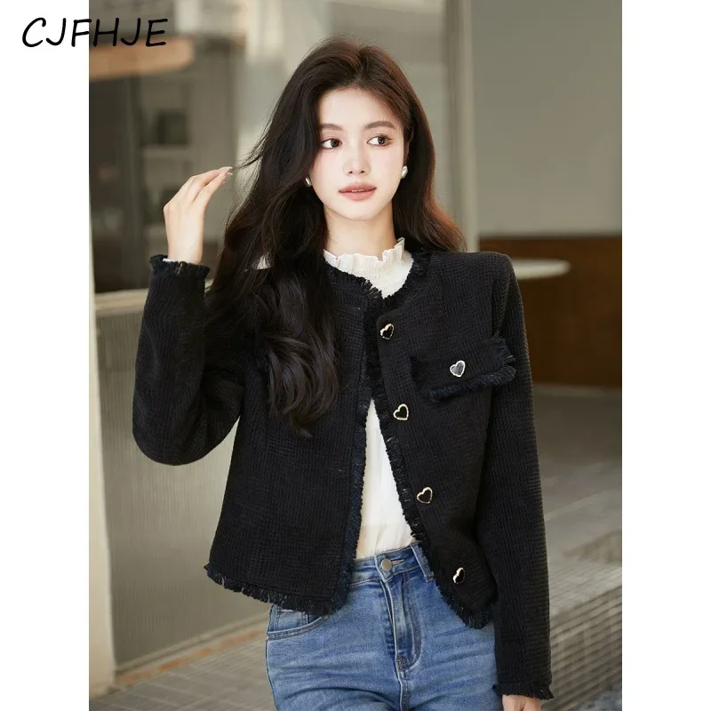 

CJFHJE Autumn New Fashion Womens Love Button Round Neck Short French Elegant Fragrant Thick Tweed Solid Color Coat Women Jackets