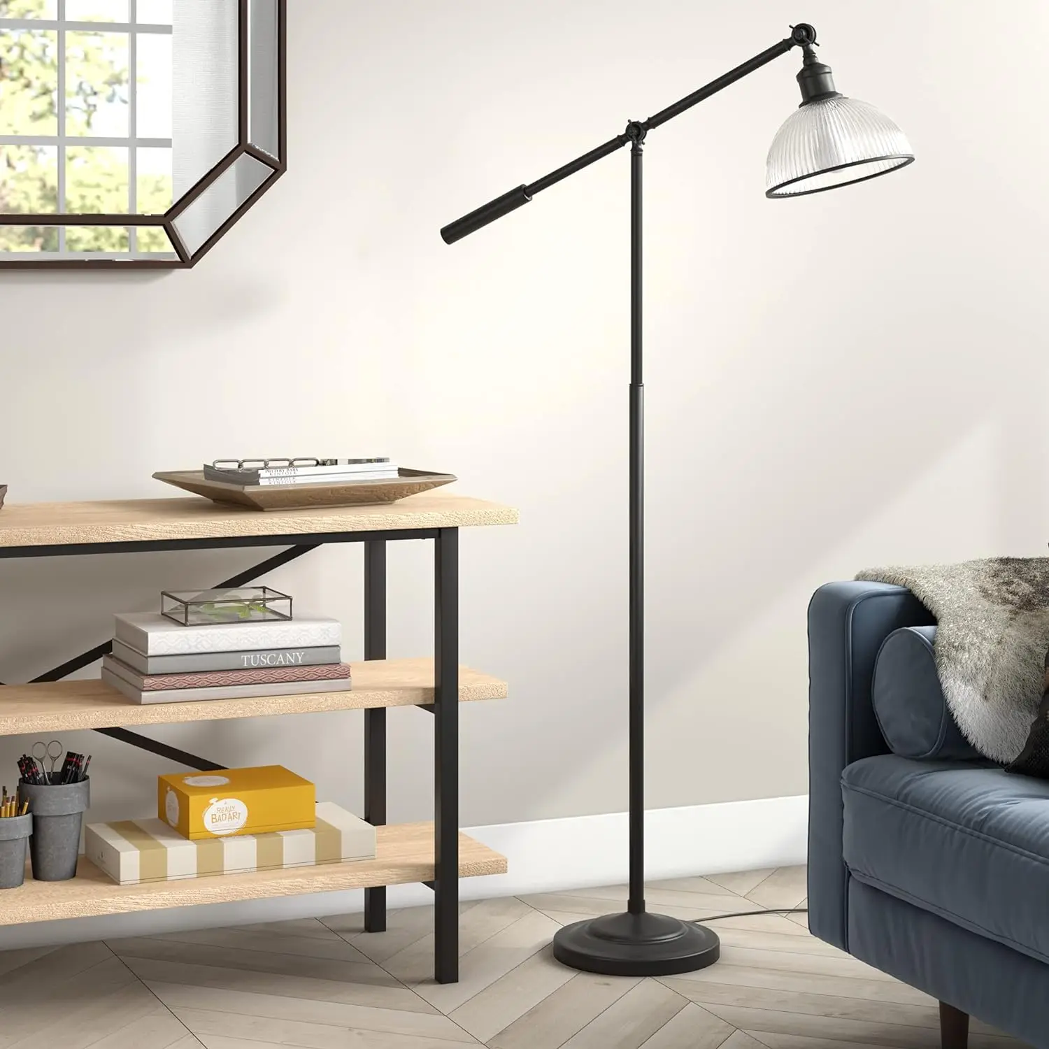 

Frenkel 58" Tall Floor Lamp with Ribbed Glass Shade in Blackened Bronze/Clear, Floor Lamp Modern