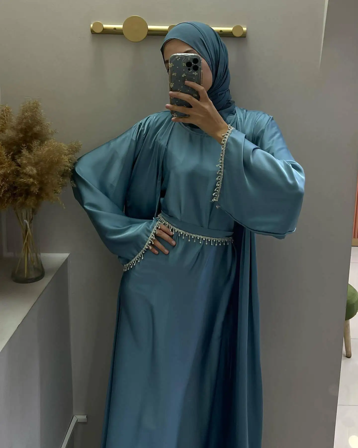 Satin Open Abaya Beads Kimono Muslim Abayas for Women Dubai Luxury Turkey Party Wedding Dress Kaftan Robe Ramadan Islamic Outfit