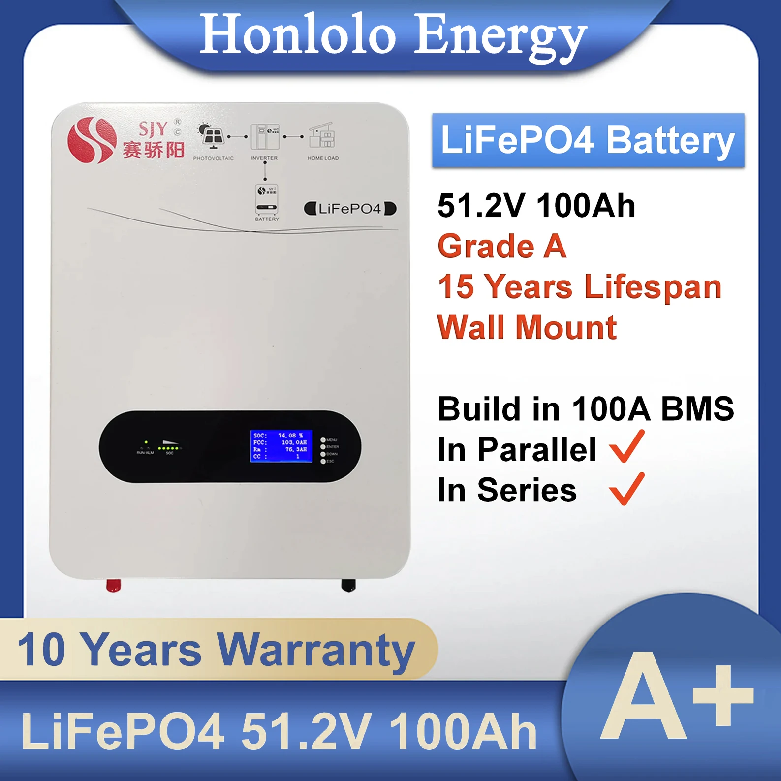 

Grade A 48V 100AH LiFePO4 Battery Lithum 51.2V 100000mAh Wall Mount Battery Pack for Home Solar System Garage Charging Station