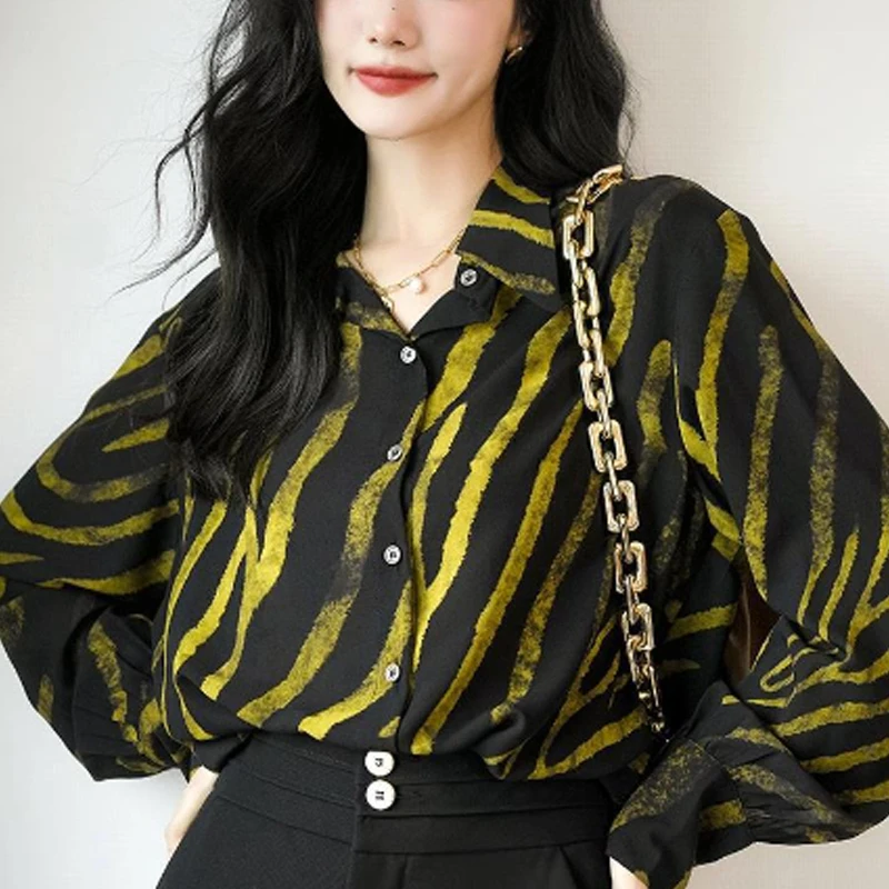 

Vintage Striped Fashion Women Shirt Long Sleeve Satin Blouse 2023 Lapel Tops Office Lady Casual Loose Clothes Blusa Mujer 29186
