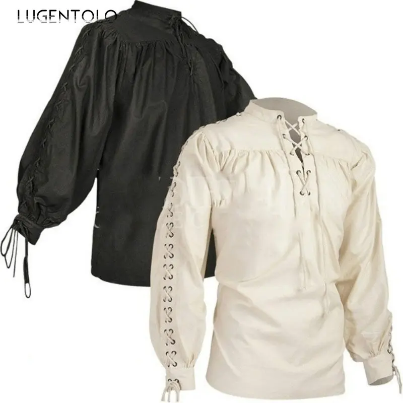 

Lugentolo Men Gothic Warrior Shirt Bandage Long Sleeve Vintage Medieval Literature Solid Top Men's Large Size Summer Thin Shirts