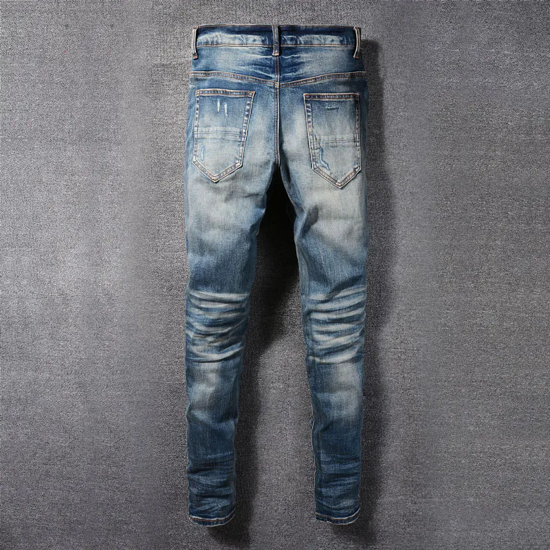 High Street Fashion Men's Jeans Elastic Retro Blue Tight Split Jeans Men's Patch Panel Designer Hip Hop Brand Pants hombre