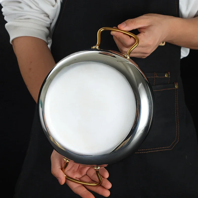 Stainless steel dry pot utensils Spanish Seafood Rice Pot Double ear golden frying pan Pasta dish Round steak plate panelas olla