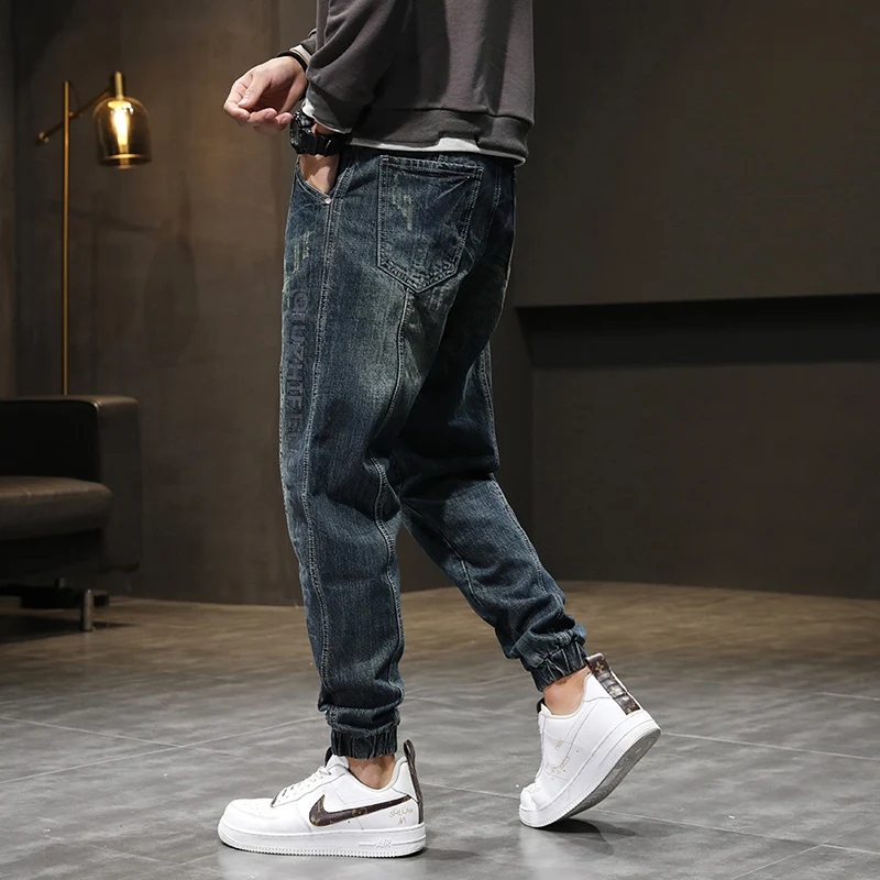 Streetwear Fashion Ripped Jeans Men Loose Fit Retro Washed Spliced Designer Casual Denim Cargo Pants Printed Hip Hop Joggers Men