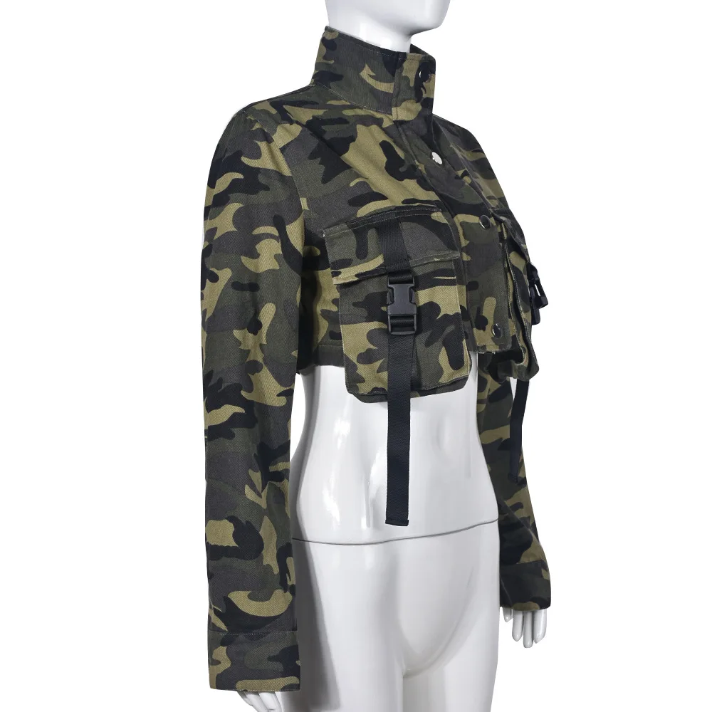 Camouflage Print Short Jacket Women Autumn 2023 Stand Collar Long Sleeve Single Breasted 3D Pocket Buckle Coat Trends Streetwear