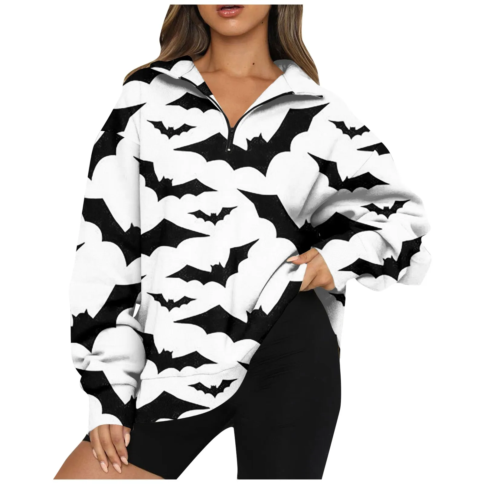 

Одежда для женщин, модные повседневные универсальные толстовки на молнии с круглым вырезом, Графические Топы с длинным рукавом и принтом на Хэллоуин