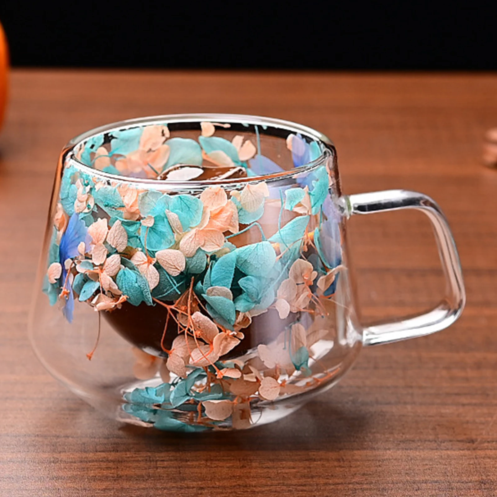 Tazza In Vetro A Doppia Parete Con Fiori Secchi 350ml Isolante Manico - 2