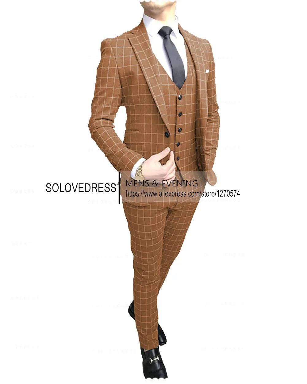 2023 Men’s Suits 3 Piece Regular Fit Vest Men Suit Formal Peak Lapel Plaid Wedding Groomsmen Coat+Pant+Vest